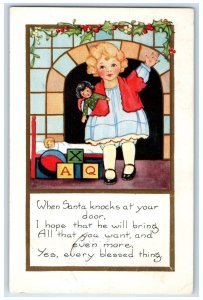 1924 Christmas Little Girl Toys Mistletoe Berries Grand Junction Iowa Postcard