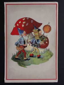 Two Gnomes with Lanterns and Toad stools c1947 - Old Postcard by FRECO No.590/2