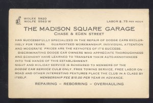 BALTIMORE MARYLAND MD. THE MADISON SQUARE GARAGE ADVERTISING POSTCARD