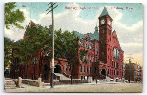 1908 ROXBURY MASS.  ROXBURY HIGH SCHOOL STREET VIEW EARLY POSTCARD P3461