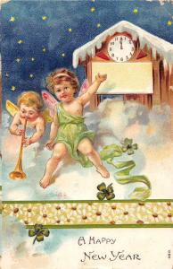 New Year Greetings Angels Clock Clovers Antique Postcard J53251