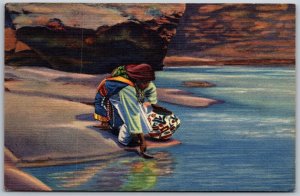 Vtg Native American Pueblo Indian Woman at Spring Acoma New Mexico NM Postcard