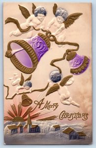 c1910's Christmas Angels Cherub Ringing Bells House Church Airbrushed Postcard