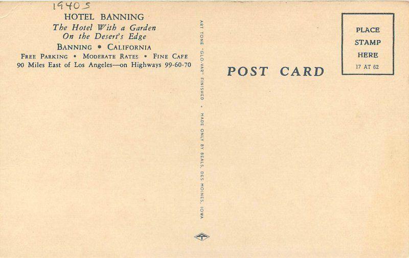 Beals California Hotel Banning roadside 1940s Postcard 13216