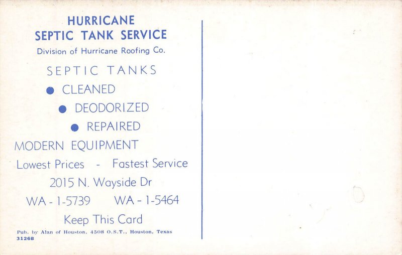 Houston TX Hurricane Septic Tank Service Truck, Postcard,