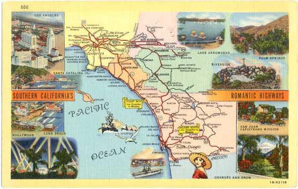 Southern California's Southern Romantic Highways Map Card, CA, Linen