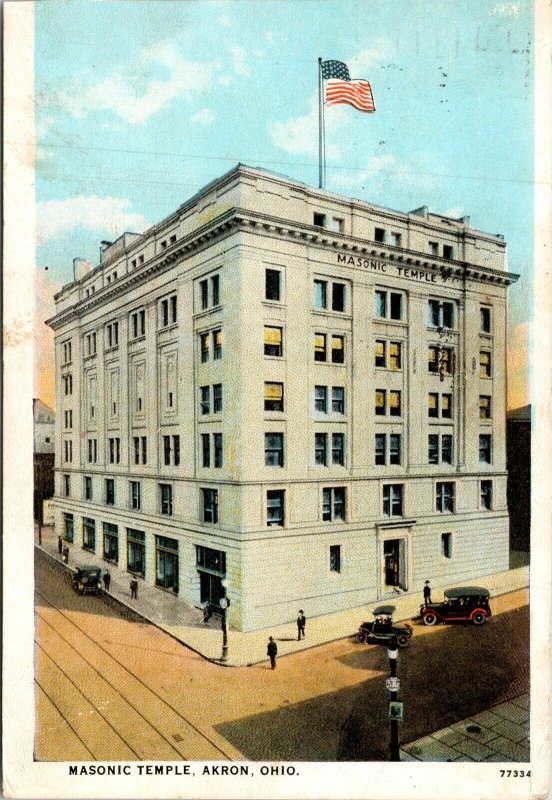 Masonic Temple Akron Ohio OH Old Car WB Postcard VTG PM Clean Cancel WOB Note 