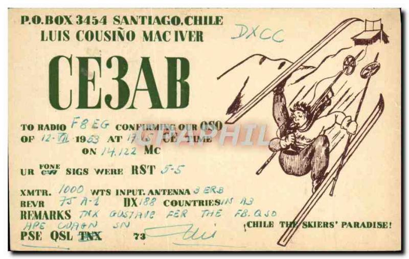 Postcard Old Telegraphie CE3AB Santiago Chile Luis Cousino Mac Iver skiing