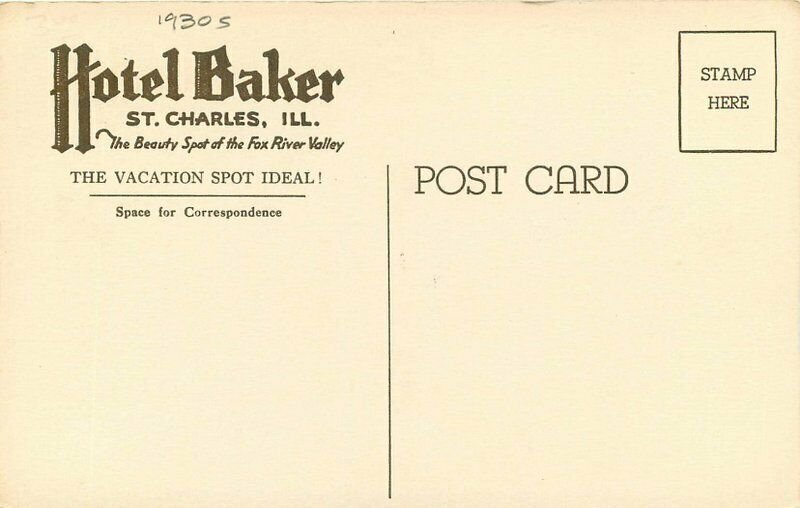 Illinois St. Charles Hotel Baker 1930s Vacation Spot roadside Postcard 22-4216 