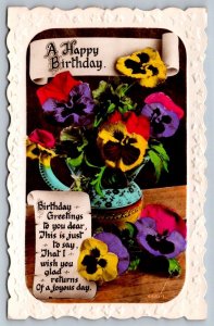 A Happy Birthday, Rhyme, Pansies, Vintage 1936 Embossed Real Photo Postcard