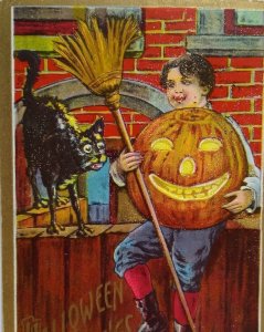 Halloween Postcard Boy Holding Broom Pumpkin Black Cat Florence Bamberger 1911