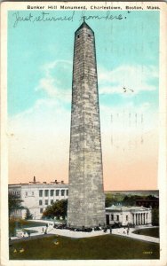 1923 Bunker Hill Monument Charlestown Boston Mass White Border Postcard