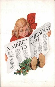 Christmas Cute Girl Reads Newspaper Holly Embossed c1900s-20s Postcard