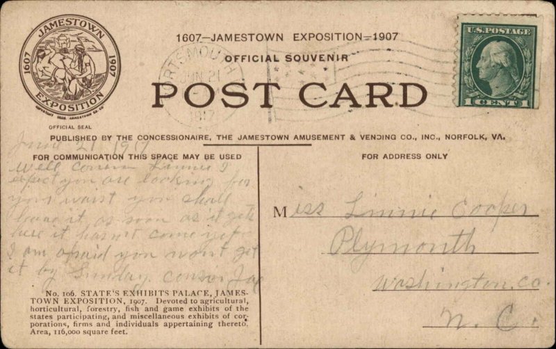 Norfolk Virginia VA Jamestown Exposition 1907 Vintage Postcard 18