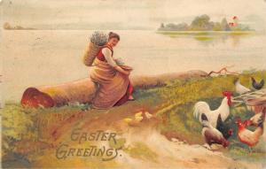 EASTER GREETINGS 1908 Embossed Postcard Pretty Lady Feeding Chicks and Chickens