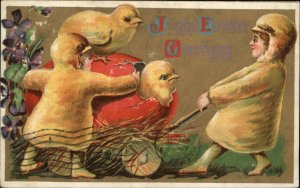 Easter Children Chicks Hatched Egg Horse Wagon Embossed c1910s Postcard