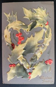 Vintage Victorian Postcard 1907 Christmas Greetings - Silk Fabric Holly Leaves
