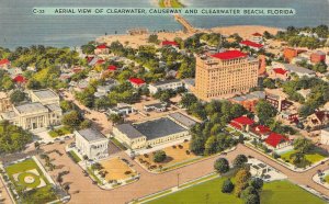 FL, Florida  CLEARWATER, BEACH & CAUSEWAY~Bird's Eye View c1940's Linen Postcard 