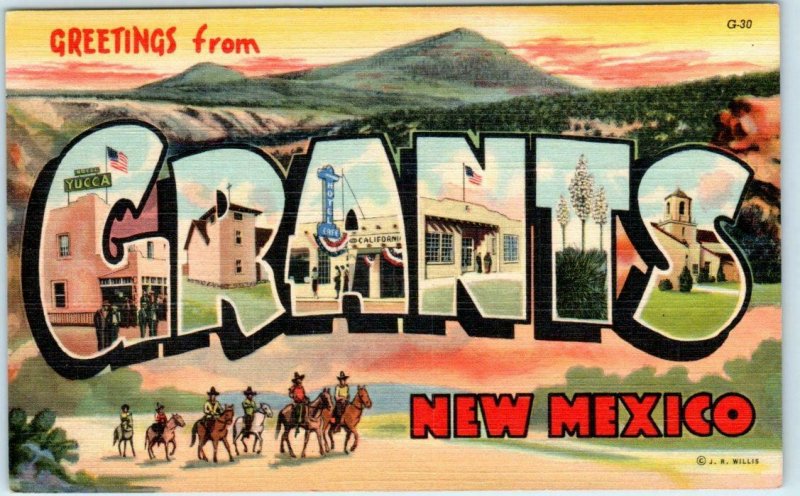 Large Letter Linen GRANTS, NEW MEXICO  NM Cowboys ca 1940s Curteich Postcard