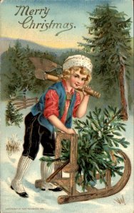 Christmas Young Boy Chops Tree Gilt Sled Axe c1900-20s Vintage Postcard