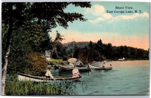 Postcard NY Caroga Shore View East Caroga Lake couples boating