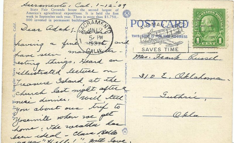 Aerial View State Fair Grounds Sacramento California Mailed 1939