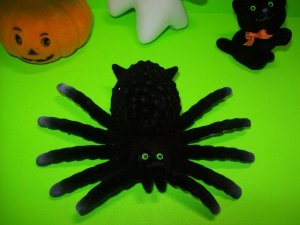 Vintage Halloween Flocked Toys Black Widow Spider Cat Ghost NOS 1960s Hong Kong