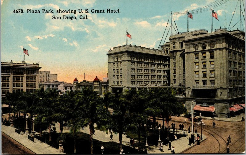 Vtg 1910 Plaza Park Showing US Grant Hotel San Diego California CA Postcard