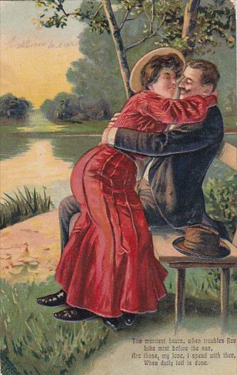 Romantic Couple Embracing on Bench 1911