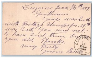 1889 Postage Stamps Luzern Iowa IA Clinton Iowa IA Antique Postal Card