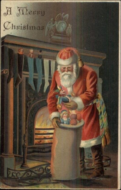 Christmas - Santa Claus Filling Stockings #185 c1910 Postcard