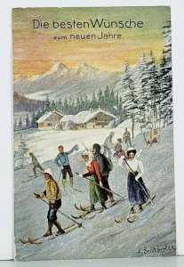 Sport Skiing A/S L Schropler Best Wishes for The New Year c1910 Postcard A3