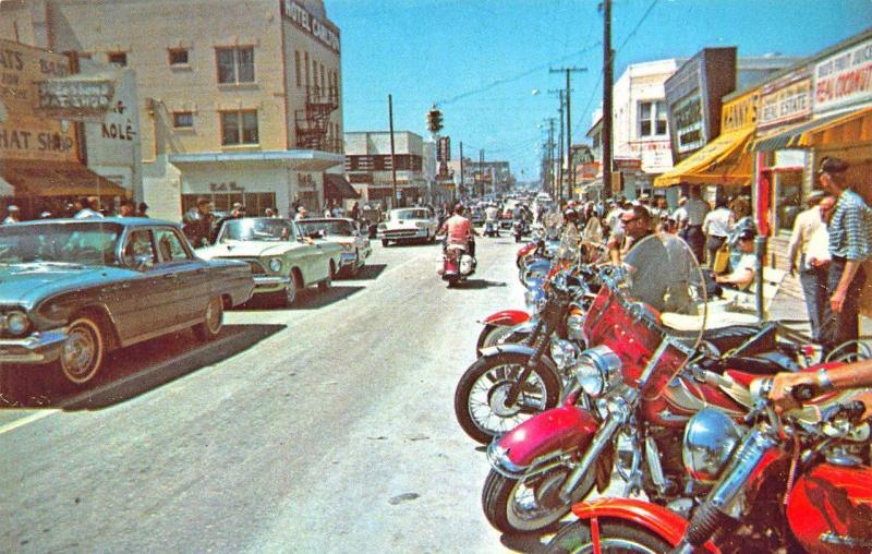 Daytona Beach FL Main Street During Motorcycle Races Old Cars Postcard