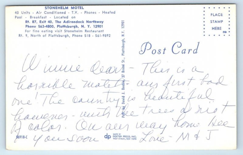 PLATTSBURGH, NY New York ~ STONEHELM MOTEL c1960s Roadside Postcard