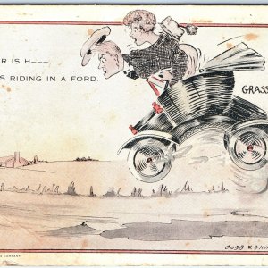 c1900s Riding a Ford is Hell Comic Car Cobb Shinn Postcard Tin Grasshopper A118