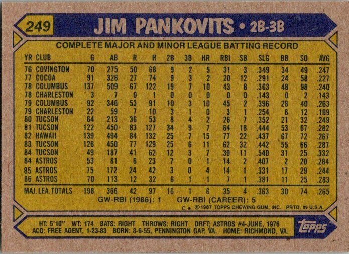 1987 Topps Baseball Card Jim Pankovits  Houston Astros sk3368