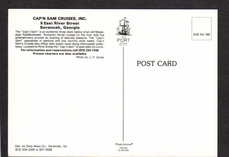 GA Captain Sam Sam's Cruise Ships Boat Savannah Georgia Postcard Cap'N Sam