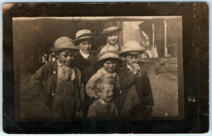 c1900s Cute Children RPPC Boys & Girl Wear Adult Hats Overalls Real Photo A13
