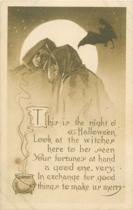 Holidays Halloween Witches Bat Moon Fortune teller United States rare postcard 