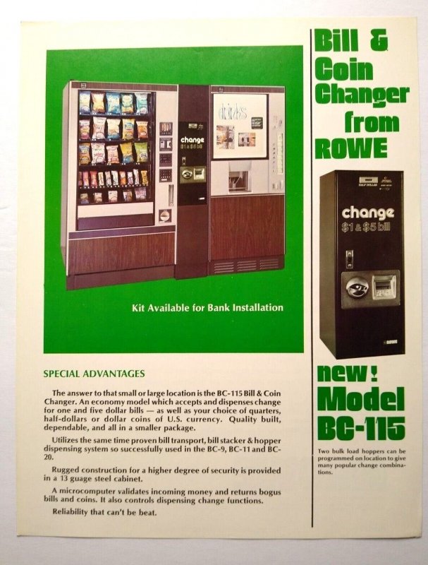 Rowe Change Machine Vending Flyer Model BC-115 Vintage Promo Art 8.5 x 11