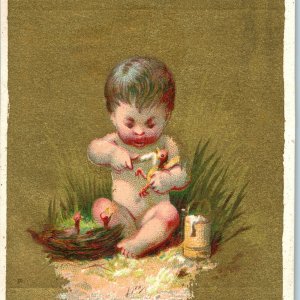 c1880s Baby Tortures Small Bird Trade Card Gold Gilt Sunshine Publishing C22