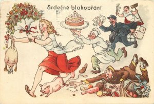 Postcard 1947 Czechoslovakia Party Rush mailman pig goose comic humor 24-6137
