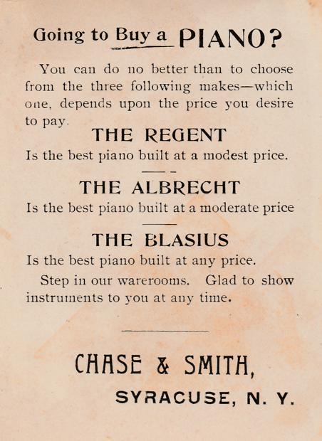 Chase & Smith Pianos at McElheny's - Victorian Trade Card - Homer NY, New York