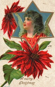 Vintage Postcard 1910's A Merry Christmas Angel Red Flowers Holiday Greetings