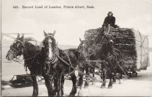 Prince Albert Saskatchewan Record Load of Lumber Wood Horses Unused Postcard G32