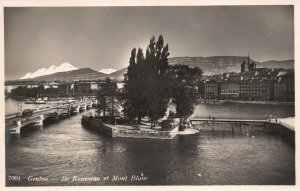 Vintage Postcard 1920s Geneve Ile Rousseau et Mont Blane Geneve Switzerland RPPC