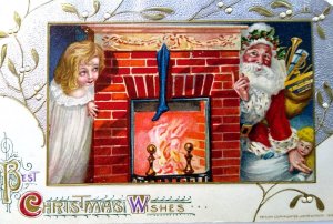 Santa Claus John Winsch Christmas Postcard Girl Fireplace 1912 Germany Embossed