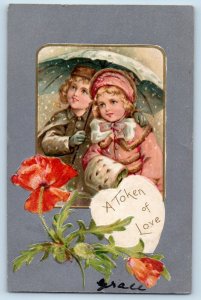 Christmas Postcard ChildrenUmbrella Snow Winter Handwarmer Flowers Winsch Back