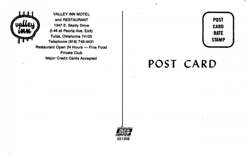 Tulsa, OK Oklahoma  VALLEY INN MOTEL Night View~Restaurant  ROADSIDE  Postcard