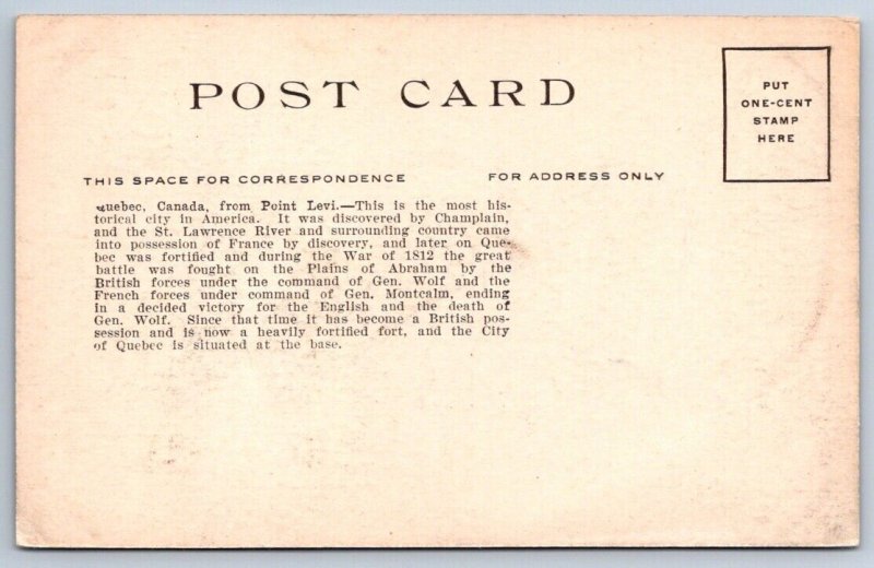Quebec City From Point Levi, Quebec, Antique Postcard